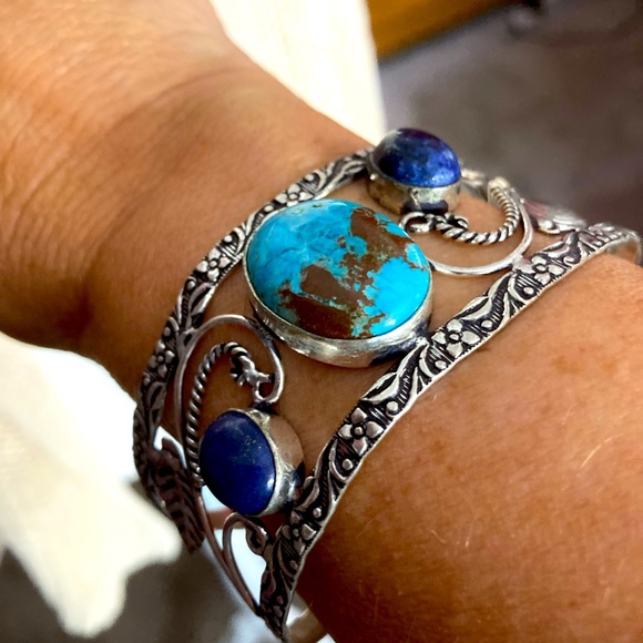 NEW Turquoise & Lapis Lazuli, 925 Silver, Adjustable Bangle - Picture 4 of 4